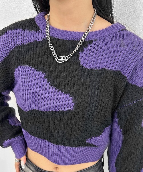 LVEU.(ラブユ.)の「【LVEU.】マーブルクロップドニット / トップス ニット マーブル 総柄 バイカラー クロップド ショート ローゲージ グレー ブルー パープル(ニット/セーター・レディース・パープル/グレー/ブルー・FREE)」の15枚目の写真