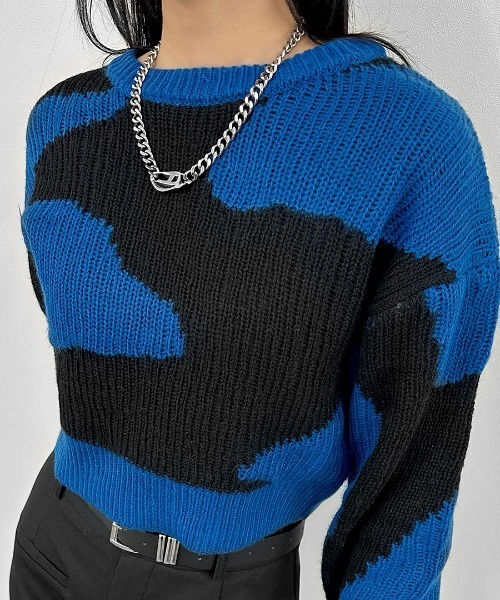 LVEU.(ラブユ.)の「【LVEU.】マーブルクロップドニット / トップス ニット マーブル 総柄 バイカラー クロップド ショート ローゲージ グレー ブルー パープル(ニット/セーター・レディース・パープル/グレー/ブルー・FREE)」の20枚目の写真