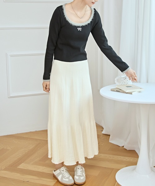 Lace Ladies(レースレディース)の「リボン 刺繍 スクエアネック 配色 ニット プルオーバー(ニット/セーター・レディース・ホワイト/ピンク/ブラック・FREE)」の5枚目の写真