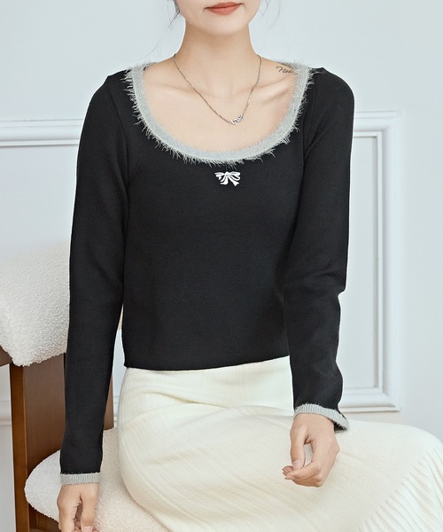 Lace Ladies(レースレディース)の「リボン 刺繍 スクエアネック 配色 ニット プルオーバー(ニット/セーター・レディース・ホワイト/ピンク/ブラック・FREE)」の8枚目の写真