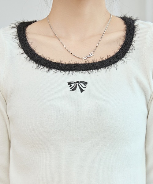 Lace Ladies(レースレディース)の「リボン 刺繍 スクエアネック 配色 ニット プルオーバー(ニット/セーター・レディース・ホワイト/ピンク/ブラック・FREE)」の19枚目の写真