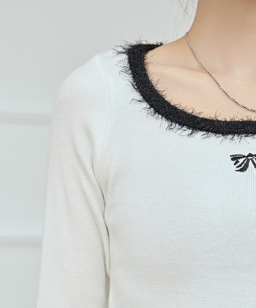 Lace Ladies(レースレディース)の「リボン 刺繍 スクエアネック 配色 ニット プルオーバー(ニット/セーター・レディース・ホワイト/ピンク/ブラック・FREE)」の20枚目の写真