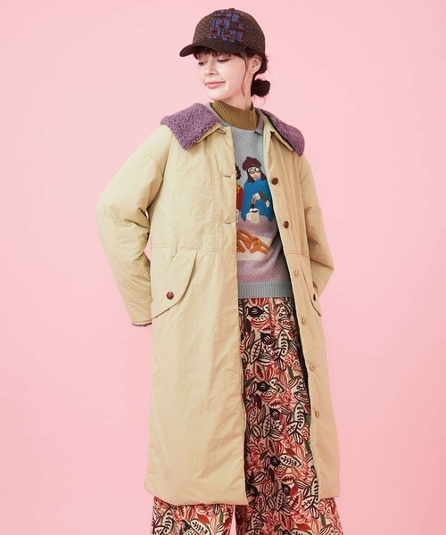 Jocomomola(ホコモモラ)の「【2WAY】中綿ナイロンロングコート(ステンカラーコート・レディース・ベージュ/グリーン・40)」の1枚目の写真