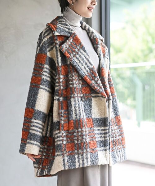 rps（アールピーエス）の「リングボア先染めチェックダブルジャケット（チェスターコート・レディース・グレー/ミント/オレンジ・フリー）」の3枚目の写真