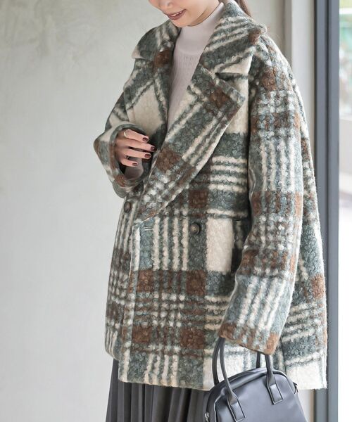 rps（アールピーエス）の「リングボア先染めチェックダブルジャケット（チェスターコート・レディース・グレー/ミント/オレンジ・フリー）」の2枚目の写真