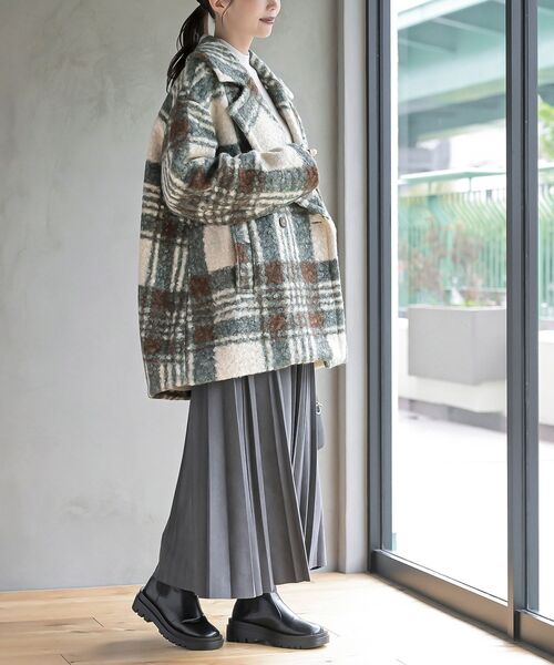 rps（アールピーエス）の「リングボア先染めチェックダブルジャケット（チェスターコート・レディース・グレー/ミント/オレンジ・フリー）」の15枚目の写真