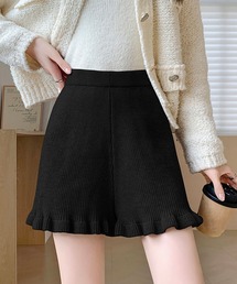 裾フリルリブニットショートパンツ