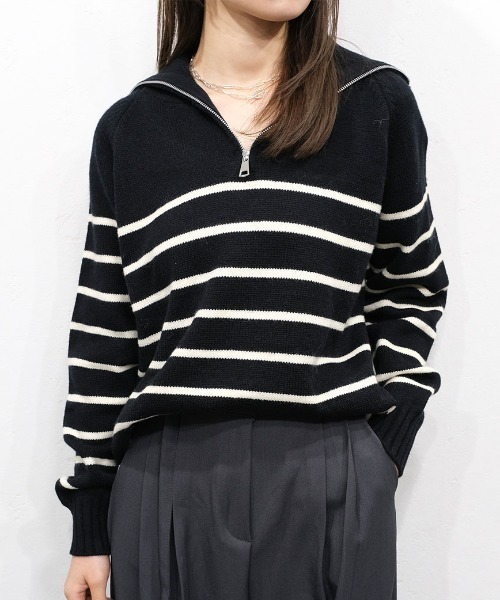 ハーフジップボーダーニット／half zip border knit 長袖 スタンド