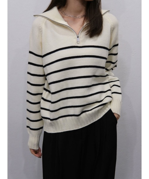 ハーフジップボーダーニット／half zip border knit 長袖 スタンド