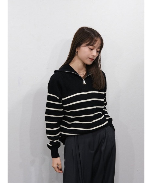 ハーフジップボーダーニット／half zip border knit 長袖 スタンド