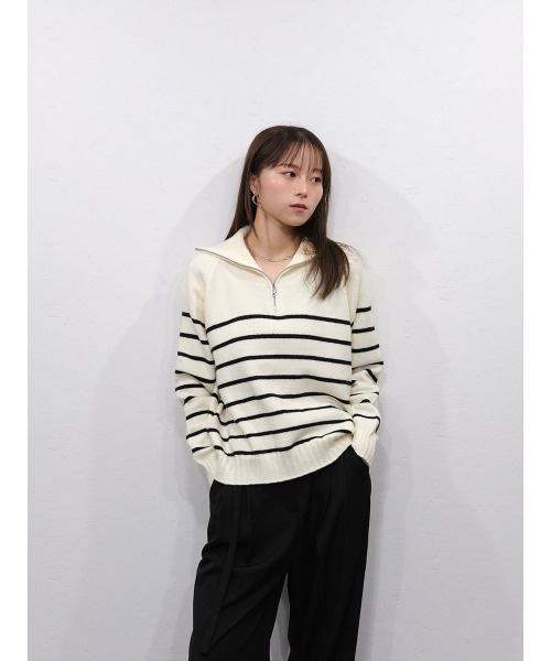 ハーフジップボーダーニット／half zip border knit 長袖 スタンド