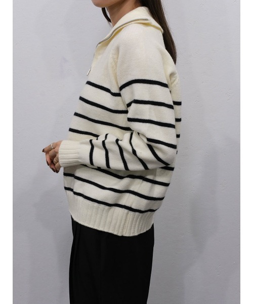 ハーフジップボーダーニット／half zip border knit 長袖 スタンド