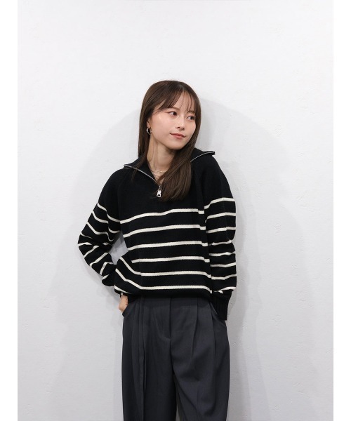 ハーフジップボーダーニット/half zip border knit 長袖 スタンド ハーフジップボーダーニット/half zip border knit 長袖 スタンド