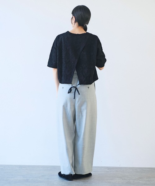 今季新品　yuni★コットンカットジャカード バックリボン 半袖Tシャツ 今季新品 yuni☆コットンカットジャカード バックリボン 半袖T