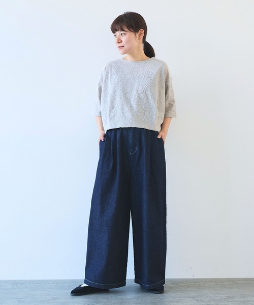 今季新品　yuni★コットンカットジャカード バックリボン 半袖Tシャツ yuni（ユニ ）の「コットンカットジャカード バックリボン 半袖T
