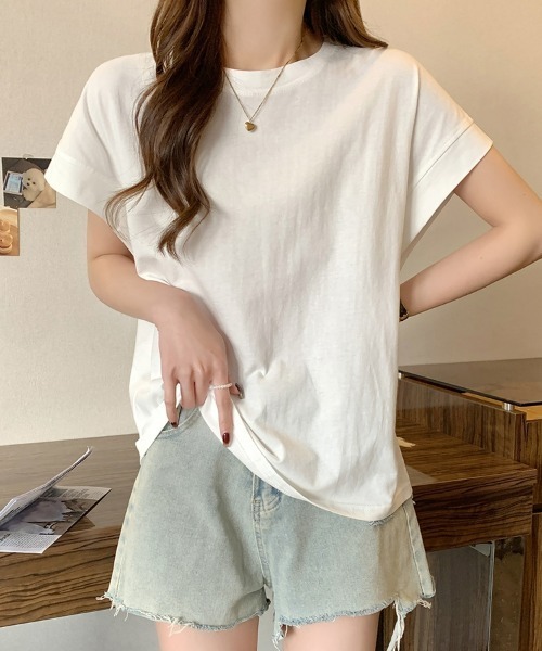 SEU(エスイーユー)の「レディース フレンチスリーブTシャツ コンパクトシルエット ベーシック Tシャツ(Tシャツ/カットソー・レディース・ベージュ/ホワイト/グリーン/ブラック・フリー)」の1枚目の写真