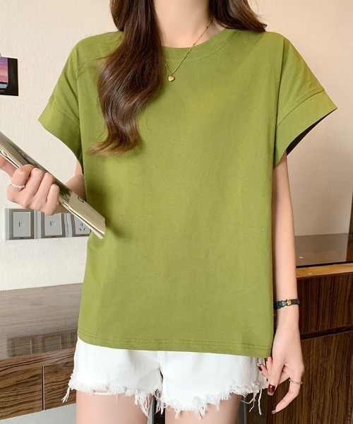SEU(エスイーユー)の「レディース フレンチスリーブTシャツ コンパクトシルエット ベーシック Tシャツ(Tシャツ/カットソー・レディース・ベージュ/ホワイト/グリーン/ブラック・フリー)」の4枚目の写真