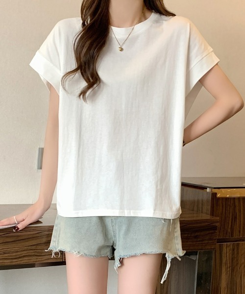 SEU(エスイーユー)の「レディース フレンチスリーブTシャツ コンパクトシルエット ベーシック Tシャツ(Tシャツ/カットソー・レディース・ベージュ/ホワイト/グリーン/ブラック・フリー)」の6枚目の写真
