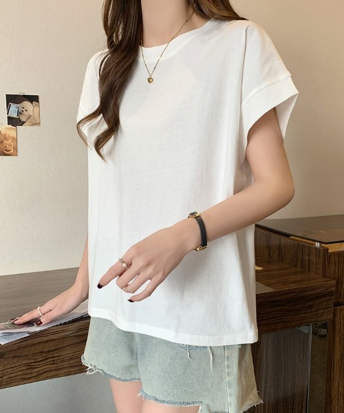 SEU(エスイーユー)の「レディース フレンチスリーブTシャツ コンパクトシルエット ベーシック Tシャツ(Tシャツ/カットソー・レディース・ベージュ/ホワイト/グリーン/ブラック・フリー)」の8枚目の写真