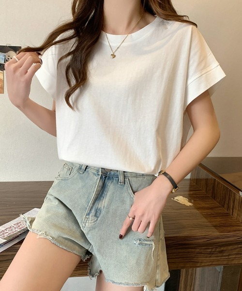 SEU(エスイーユー)の「レディース フレンチスリーブTシャツ コンパクトシルエット ベーシック Tシャツ(Tシャツ/カットソー・レディース・ベージュ/ホワイト/グリーン/ブラック・フリー)」の9枚目の写真
