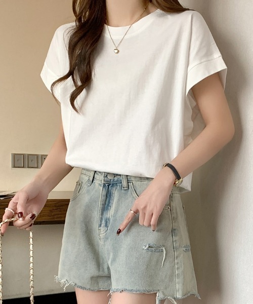 SEU(エスイーユー)の「レディース フレンチスリーブTシャツ コンパクトシルエット ベーシック Tシャツ(Tシャツ/カットソー・レディース・ベージュ/ホワイト/グリーン/ブラック・フリー)」の10枚目の写真