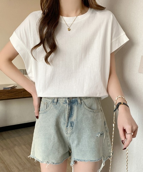 SEU(エスイーユー)の「レディース フレンチスリーブTシャツ コンパクトシルエット ベーシック Tシャツ(Tシャツ/カットソー・レディース・ベージュ/ホワイト/グリーン/ブラック・フリー)」の11枚目の写真