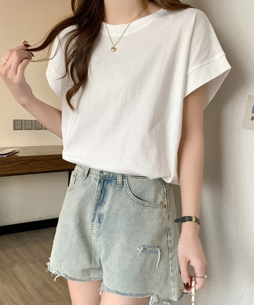 SEU(エスイーユー)の「レディース フレンチスリーブTシャツ コンパクトシルエット ベーシック Tシャツ(Tシャツ/カットソー・レディース・ベージュ/ホワイト/グリーン/ブラック・フリー)」の12枚目の写真