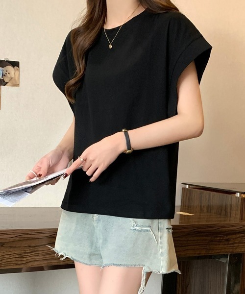 SEU(エスイーユー)の「レディース フレンチスリーブTシャツ コンパクトシルエット ベーシック Tシャツ(Tシャツ/カットソー・レディース・ベージュ/ホワイト/グリーン/ブラック・フリー)」の14枚目の写真