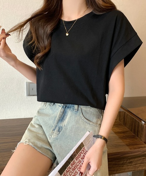 SEU(エスイーユー)の「レディース フレンチスリーブTシャツ コンパクトシルエット ベーシック Tシャツ(Tシャツ/カットソー・レディース・ベージュ/ホワイト/グリーン/ブラック・フリー)」の16枚目の写真