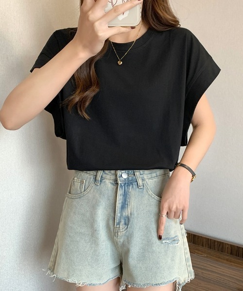 SEU(エスイーユー)の「レディース フレンチスリーブTシャツ コンパクトシルエット ベーシック Tシャツ(Tシャツ/カットソー・レディース・ベージュ/ホワイト/グリーン/ブラック・フリー)」の19枚目の写真