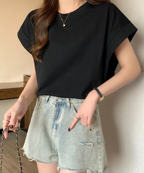 SEU(エスイーユー)の「レディース フレンチスリーブTシャツ コンパクトシルエット ベーシック Tシャツ(Tシャツ/カットソー・レディース・ベージュ/ホワイト/グリーン/ブラック・フリー)」の20枚目の写真