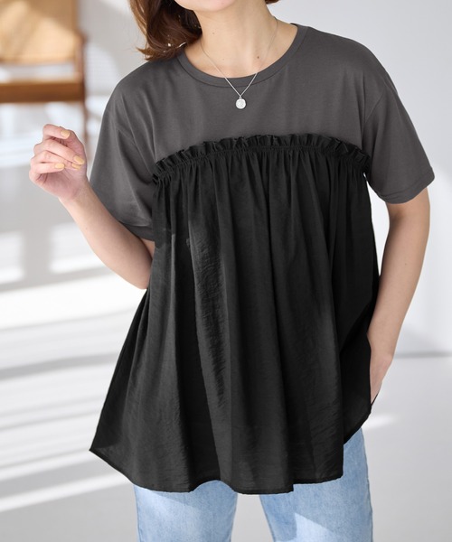 Viola e Viola(ヴィオラエヴィオラ)の「【7月中旬再入荷】ドッキング切替えトップス(Tシャツ/カットソー・レディース・チャコール/ブラック/ホワイト・M/3L/LL/L)」の3枚目の写真