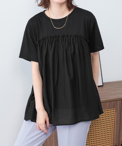 Viola e Viola(ヴィオラエヴィオラ)の「【7月中旬再入荷】ドッキング切替えトップス(Tシャツ/カットソー・レディース・チャコール/ブラック/ホワイト・M/3L/LL/L)」の2枚目の写真