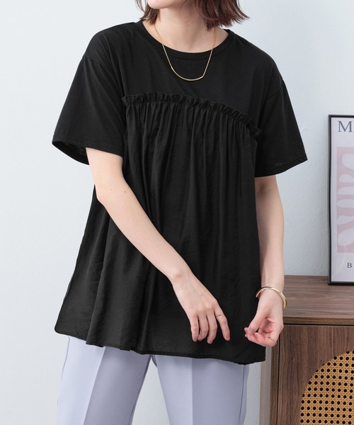 Viola e Viola(ヴィオラエヴィオラ)の「【7月中旬再入荷】ドッキング切替えトップス(Tシャツ/カットソー・レディース・チャコール/ブラック/ホワイト・M/3L/LL/L)」の9枚目の写真