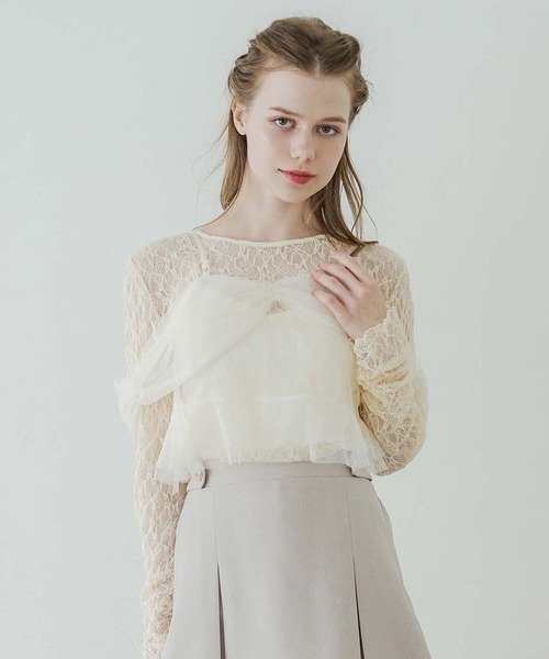 SALE エギュゼ iGUISER トップス 24春夏 ribbon tulle tops (white) リボンチュールトップス ノースリーブ ミドル丈 ig-001 チュールレイヤードノースリーブトップス（Tシャツ/カットソー