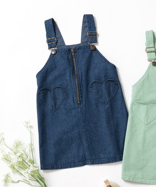 apres les cours(アプレレクール)の「【ジュニア対応】フロントジップハートポケットジャンスカ(ジャンパースカート・キッズ・カーキ/インディゴブルー・140/130/80/120/110/100/90)」の2枚目の写真