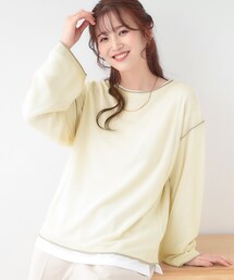 【S-LL/2枚セット】シアー感も楽しめる 光沢カノコ編み配色ニット+ロンT