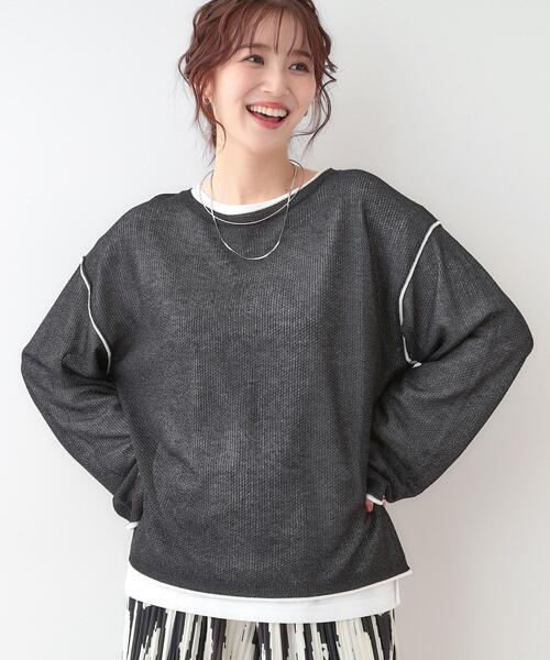 Cutie Blonde（キューティーブロンド）の「【S-LL/2枚セット】シアー感も楽しめる 光沢カノコ編み配色ニット+ロンT（ニット/セーター・レディース・ホワイト系7/ピンク系9/ブラック系4/ライトグレー系4・01/02/03）」の2枚目の写真