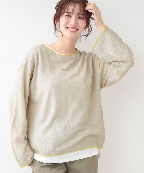 Cutie Blonde（キューティーブロンド）の「【S-LL/2枚セット】シアー感も楽しめる 光沢カノコ編み配色ニット+ロンT（ニット/セーター・レディース・ホワイト系7/ピンク系9/ブラック系4/ライトグレー系4・01/02/03）」の3枚目の写真