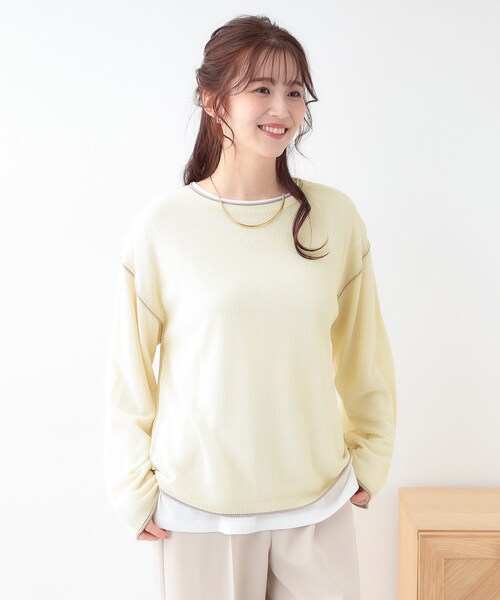 Cutie Blonde（キューティーブロンド）の「【S-LL/2枚セット】シアー感も楽しめる 光沢カノコ編み配色ニット+ロンT（ニット/セーター・レディース・ホワイト系7/ピンク系9/ブラック系4/ライトグレー系4・01/02/03）」の5枚目の写真