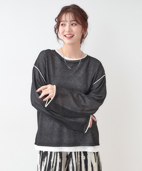 Cutie Blonde（キューティーブロンド）の「【S-LL/2枚セット】シアー感も楽しめる 光沢カノコ編み配色ニット+ロンT（ニット/セーター・レディース・ホワイト系7/ピンク系9/ブラック系4/ライトグレー系4・01/02/03）」の9枚目の写真