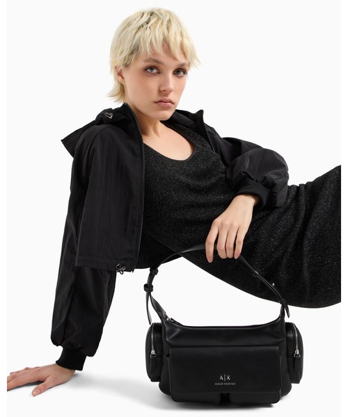 【A/X ArmaniExchange】長袖 マキシドレス ミニメタルロゴ付き シースルーレースフラワー刺繍ウエストマークロングドレス 結婚