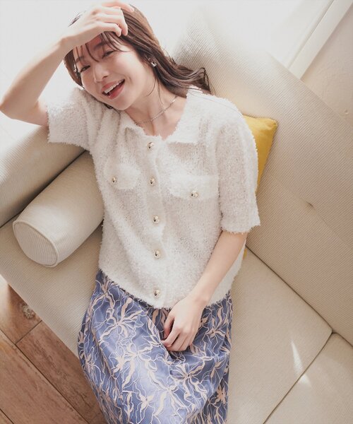 natural couture(ナチュラルクチュール)の「フラッグヤーン金ボタン半袖カーデ(カーディガン/ボレロ・レディース・ブルー/オフホワイト/ピンクベージュ・FREE)」の14枚目の写真