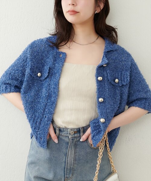 natural couture(ナチュラルクチュール)の「フラッグヤーン金ボタン半袖カーデ(カーディガン/ボレロ・レディース・ブルー/オフホワイト/ピンクベージュ・FREE)」の16枚目の写真