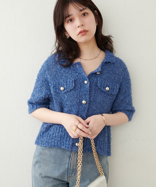 natural couture(ナチュラルクチュール)の「フラッグヤーン金ボタン半袖カーデ(カーディガン/ボレロ・レディース・ブルー/オフホワイト/ピンクベージュ・FREE)」の19枚目の写真