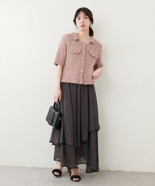 natural couture(ナチュラルクチュール)の「フラッグヤーン金ボタン半袖カーデ(カーディガン/ボレロ・レディース・ブルー/オフホワイト/ピンクベージュ・FREE)」の4枚目の写真