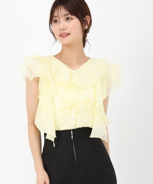 極美品 ダイアグラム ラッフルフリルブラウス コットン イエロー シアーシャツ MISCH MASCH（ミッシュマッシュ）の「2025春夏新作 シアーフリル