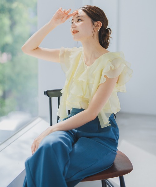 シャツ レディース 春夏 新作 プリーツ フリル ドールカラー 光沢デザイン 洋風シャツ 女性 JAYRO ブラウス シャツ プリーツ調シフォンフリルトップス