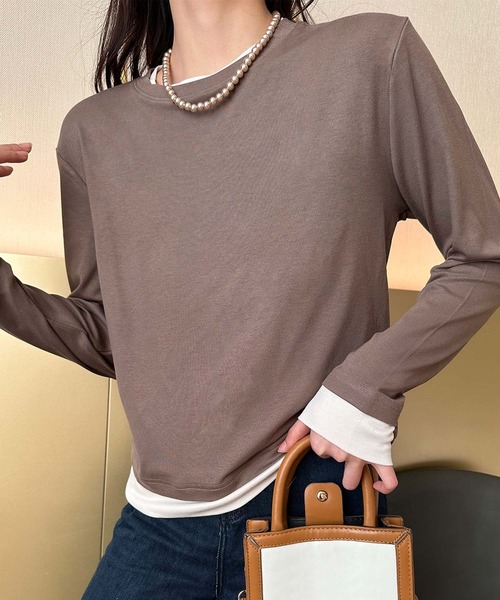 aimoha(アイモハ)の「重ね着風デザイン長袖トップス(Tシャツ/カットソー・レディース・ブラック/ベージュ/チョコ/ダークグレー・FREE)」の3枚目の写真