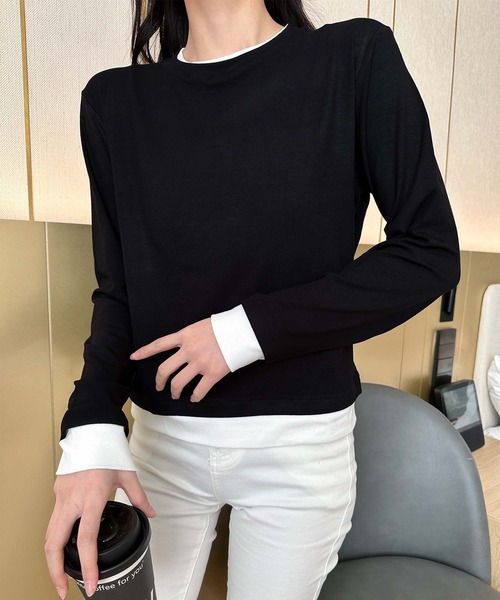aimoha(アイモハ)の「重ね着風デザイン長袖トップス(Tシャツ/カットソー・レディース・ブラック/ベージュ/チョコ/ダークグレー・FREE)」の7枚目の写真